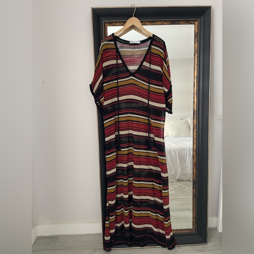 Zara Striped Knit Maxi Cover-Up Dress M/L Red Black Gold Beach Swim Cover Up - Picture 2 of 4